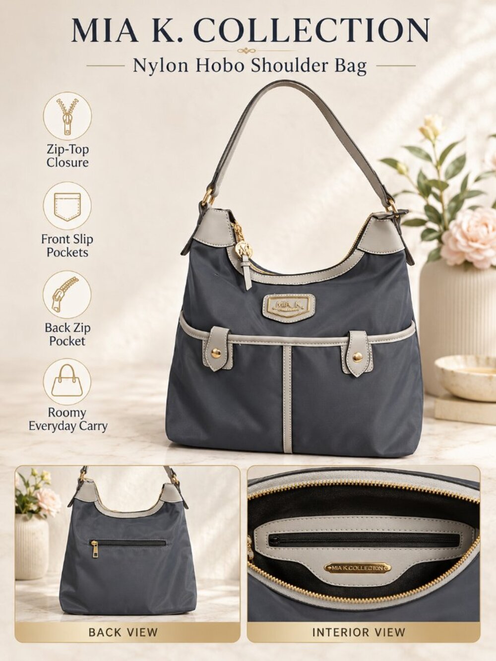 Mia K Collection Gray Nylon Hobo Shoulder Bag Gold Hardware